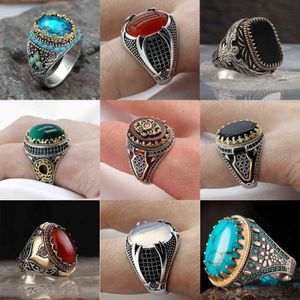Retro Luxury Natural Red Stone Turkish Handmade King Crown Ring Men and Women Fashion Trend Banquet Jewelry Gift G1125
