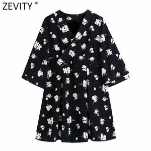 Frauen Vintage Kreuz V-ausschnitt Blumendruck Casual Zurück Mini Kleid Weibliche Chic Japanische Design Kimono Taille Vestido DS8262 210416