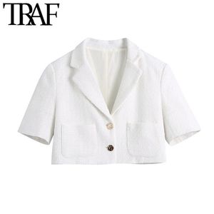 TRAF Kobiety Moda Metalowy Przycisk Tweed Cropped White Blazer Płaszcz Vintage Krótki Rękaw Kieszenie Kobiet Odzież Odzieży Chic Topy 211122