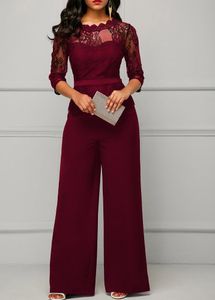 Women's Jumpsuits & Rompers Wide Leg Casual Overalls Sexy Women O-neck Solid Lace Elegant Straight Party Jumpsuit Loose