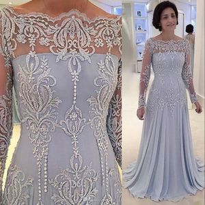 2021 Céu vintage Mãe azul da noiva Vestidos Off Ombro Bordado Lace Appliques mangas compridas Plus Size Party Dress Wedding Convidado Vestidos