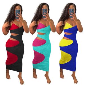 İki Renk Kolsuz Elbise 2021 Yaz Asimetrik Yüksek Bel Maxi Elbise Y2K Seksi Kılıf Bodycon Club Patchwork Parti Sundress X0521