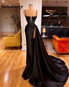 セクシーな黒プリーツサテンロングマーメイドのプロンプドレス2021イブニングガラガウンフォーマルパーティーガウン特別な日のドレス
