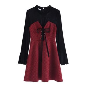 Svart Vin Röd Velvet Patchwork Lace-up Stand Collar Flare Långärmad Mini Klänning Höst Vår Elegant D1028 210514