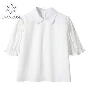 Lapela Pufo de manga curta blusas tops mulheres verão whitepurple solto escritório senhoras elegante camisas femininas ROK street blusas 210417