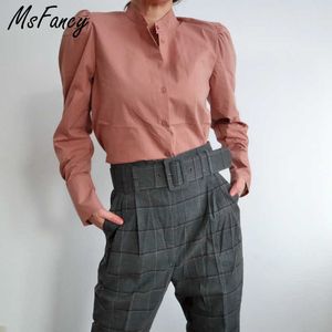 Msfcancy rosa blusa mulheres suportam coleira de manga comprida vintage camisa primavera elegante manga puff blusas mujer tops casuais 210604