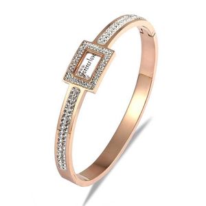 Kvinnor 316 Rostfritt stål Rose Gold Forever Love Locket Bangle Kristaller Högkvalitativ Bangle Bröllop Smycken Charm Armband Q0717