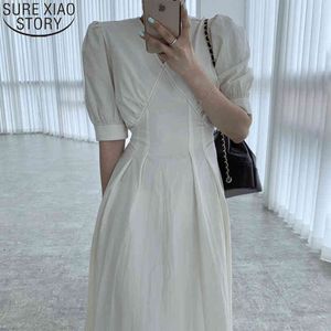 韓国のシックな夏のドレス女性のショートビンテージホワイトミディロングVネックラインプリーツパフスリーブドレス13566 210417
