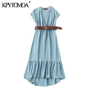 KPYOMOA Women Elegant Fashion With Belt Ruffled Midi Dress Vintage V Neck Short Sleeve Elastic Waist Female Dresses Mujer 210416