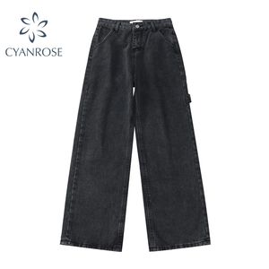 Woman High Waist Jeans Retro Grey Trousers Straight Overalls Denim Pants Girl Casual Long Loose Wide Leg for Women 210515