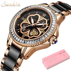 SUNKTA Fashion Women Watches Woman Clock Luxury Brand Dress Ceramic Quartz Sport Watch Waterproof Bracelet Watch Gift 210517