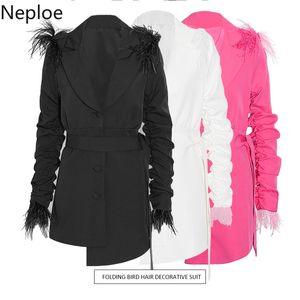 Neploe Blazer Women Chic Feather Pleated Irregular Jackets Slim Waist Notched Neck Office Lady Coat Plus Size Clothing Women 210422