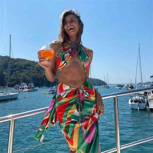 Sexy Print Tracksuit Woman Two Piece Boho Outfit Suits Halter Bandage Tanks And Ruched Drawstring Midi Skirts Matching Sets 210730