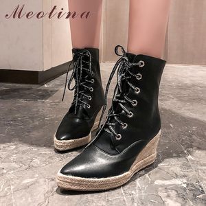 Autumn Ankle Boots Women PU Leather Platform Wedge High Heels Short Zip Round Toe Shoes Lady Size 43 210517
