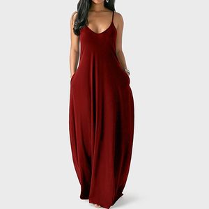 Kvinnor sommar lång klänning sexig lösa spaghetti band ärmlös fickor solida färg maxi klänning casual plus storlek strand klänningar 210521