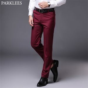 Mens Slim Fit Straight Dress Pants Brand Flat-front Causal Trousers Male Business Formal Pantalon de Vestir Hombre Wine Red 210715