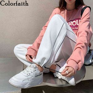 Colorfaith 2021 Kvinnors Höst Vinter Kvinnor Byxor Bredt Ben Hög Midja Straight Jogging Sweatpants Ankellängd Byxor P2209 Y211115