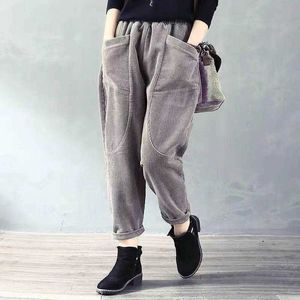 Autumn New Arts Style Women Elastic Waist Loose Pants All-matched Casual Corduroy Vintage Harem Pants Plus Size Trousers D503 Q0801