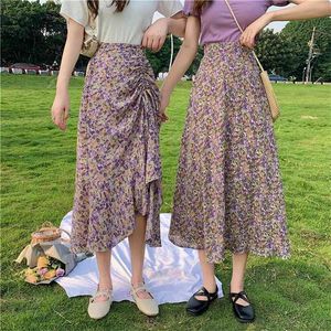 빈티지 꽃 무늬 프린트 프리 푸른 롱 스커트 여름 여성 한국 스커트 streetwear Drawstring 탄성 허리 미디 스커트 210724