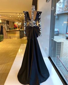 Dubai Black High Neck Kryształowe sukienki wieczorowe 2021 Długie rękaw Afrykańska satyna syrena plus size formalne suknie na imprezę balową szatę de soiree 322