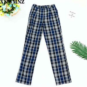 summer wide leg pants casual joggers women blue plaid checkered woman high waist trausers 210520