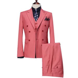 Double Breasted Coral Men Suits for Groomsmen 3 piece Wedding Tuxedo with Peaked Lapel Custom Male Fashion Costume Jacket Pants X0909