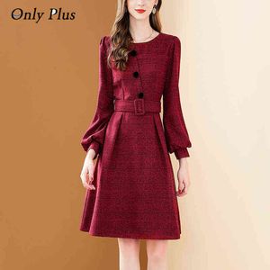 Tylko plus vintage czerwona krata sukienka damska wiosna 2022 Nowa O-Neck Slim Woolen A-Line Latarnia Sukienka z Belt Streetwear Robe Y1212