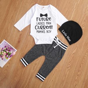 0-6m recém-nascido bebê meninos conjuntos de roupas letras impressão manga longa romper tops calças chapéus 3 pcs outfits g1023