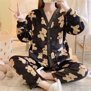 Winter Pajamas Set Women Sleepwear Warm Flannel Long Sleeves Pajamas Cartoon Cute Cartoon Bear Homewear Home Suit Cardigan 211112