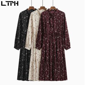 Vintage Floral Impressão Cintura alta Slim Mulheres Vestido Soft Confortável Longo Elegante Plus Size Vestidos All-Match Spring 210427