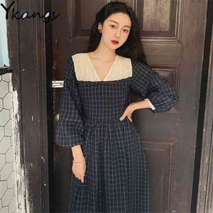 Vintage look dam plaid klänningar kvinnor en linje puff ärm lång klänning höst mantel femme eleganta vestido studenter streetwear 210421