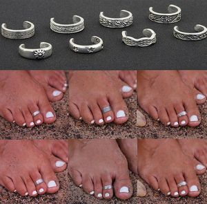 8 sztuk Eleganckie Kobiety 925 Sterling Silver Toe Ring Foot Regulowany Plaża Biżuteria Moda Pokaż Retro Styl Body Jewellry