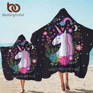 Towel BeddingOutlet Unicorn Hooded Microfiber Bath With Hood for Kids Adult Floral Cartoon Wearable Beach Wrap Blanket 210728