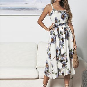 Halter Backless Yaz Elbise Kadınlar Oymak Kolsuz Midi Elbise Zarif Yüksek Bel Boho Çiçek Dot Elbise Kadın Vestidos 210412