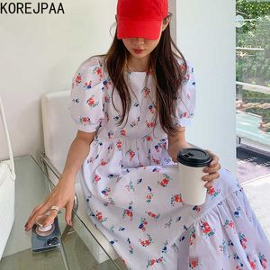 Korejpaa mulheres vestido verão coreano moda chique elegante gentil impressão quadrado pescoço solto duplo bolso lace up vestidos florais 210526