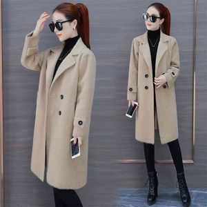 Autumn Winter Korean Women Mink Double-Breasted Cardigan Fashion Loose Casual Long Sweaters Thick Warm Outerwear Coat 210427