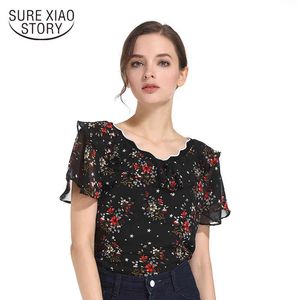 Moda Şifon Gömlek Kısa Kollu Yaz Kadın Tops Artı Boyutu Baskı Bluz Bayan Giyim Blusas 0095 30 210417