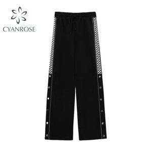 Streetwear byxor kvinnor hajuku bred ben svart pantalon damer fjäder hem split casual hög midja raka byxor kvinnlig 210417