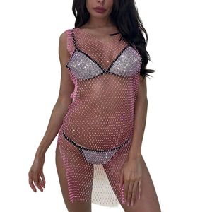 Sexy Mesh Women Bikini Cover-up Dress Solid Color See Through Swimsuit Covers Sleeveless Rhinestone Mini Beachwear Women's Swimwear