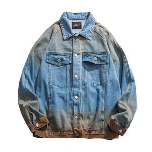 Light Blue Denim Jacket Turn Down Collar Button Long Sleeves Tie Dye Print Letter Loose Oversize C0510 210514