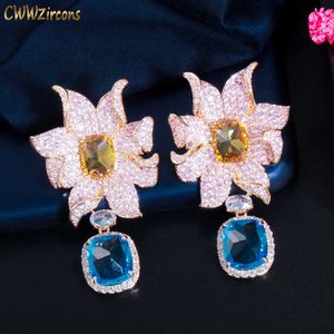 Micro Paved Blue Cubic Zirconia Long Big Geometric Flower Drop Earrings Gold Color Bridal Dress Wedding Jewelry CZ839 210714