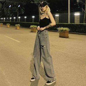 Vintage Wysoka talia Ripped Tassel Pełna długość Mama Dżinsy Kobiety Plus Size Harajuku Szeroki Noga Ubrania Spodnie Streetwear Denim Spodnie 210708