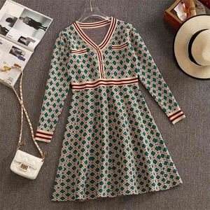 Moda outono inverno vintage vestido mulheres v pescoço manga longa geométrica padrões a linha camisola de malha robe femme 210514