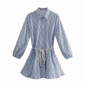 BBWM Women Vintage Totem Floral Print Big Swing Ruffles Mini Shirt Dress Female Chic Breasted Lace Up Sashes Vestidos 210520