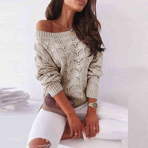 Женщины осенью новая мода полая летучая мышь свитер втулки случайные свободные сплошные пуловер офис леди простой элегантный убранный вырезом с длинным рукавом y1110