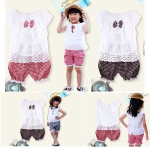 Summer Girls Clothes Sets Layers T-Shirts Grid Pants Baby Girl Clothing Suit Hollow Tops Jumper Children Outfit 210413