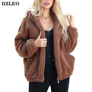 DZLEO Kabarık Kadın Mont Faux Yün Karışımı Sıcak Kış Ceket Kabanız Zip Up Uzun Kollu Boy Moda Giyim Kürk 211018