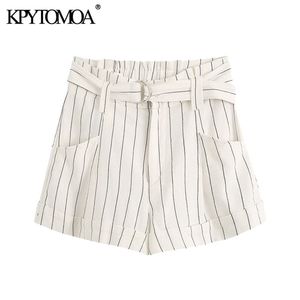 Kvinnor Chic Fashion Striped With Belt Shorts Vintage Zipper Fly Fickor Kvinna Kort Byxor Pantalones Cortos 210416