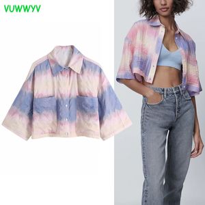 Flowing Tie Dye Woman Shirts Summer Fashion Streetwear Button Up Shirt Women Short Sleeve Straight Waist Crop Top Pocket 210430