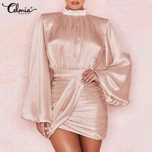 Celmia Women Satin Party Dress 2022 New Stand Collar Shirring Pleated Mini Vestidos Sexy Lantern Sleeve Waisted Short Dresses Y220214